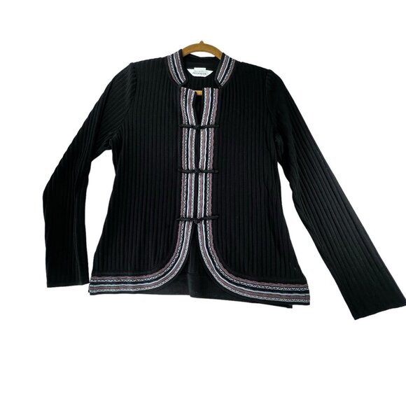 Exclusively Misook Cardigan Jacket XS Black Knit Tribal Geometric Trim Loop - Picture 3 of 16